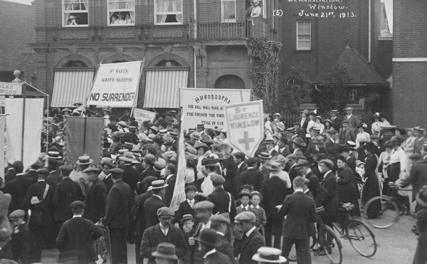 People with placards and bicycles