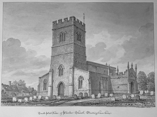 Engraving of Winslow church from south-west
