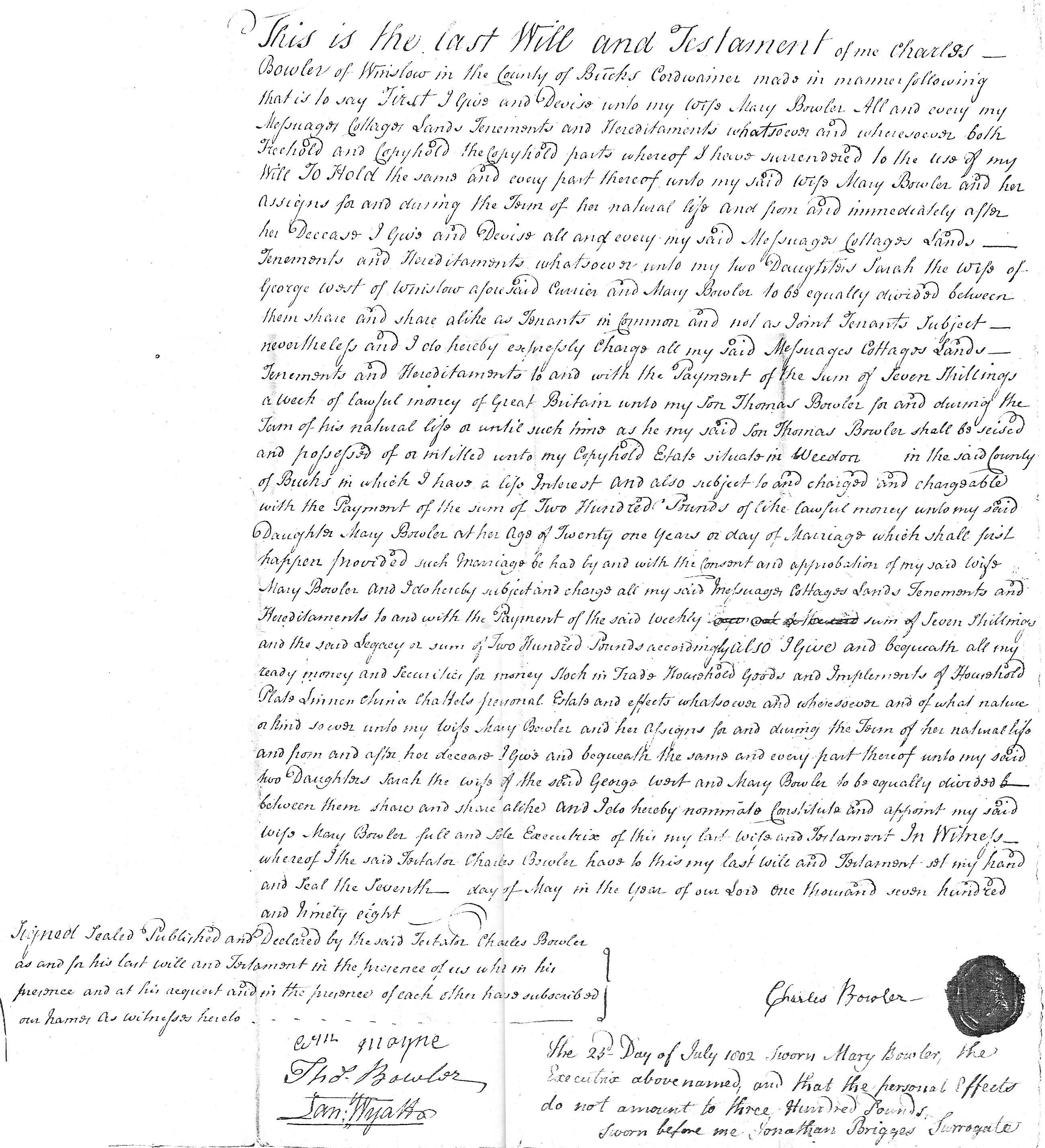Will of Charles Bowler