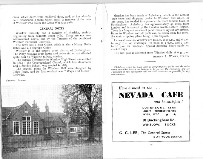 General notes, photo of the school, advert for Nevada Cafe