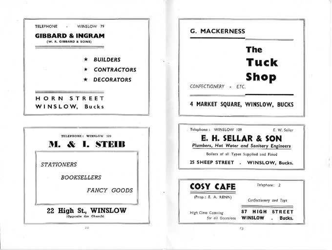 Adverts for Gibbard, Steib, Mackerness, Sellar, Cosy Cafe