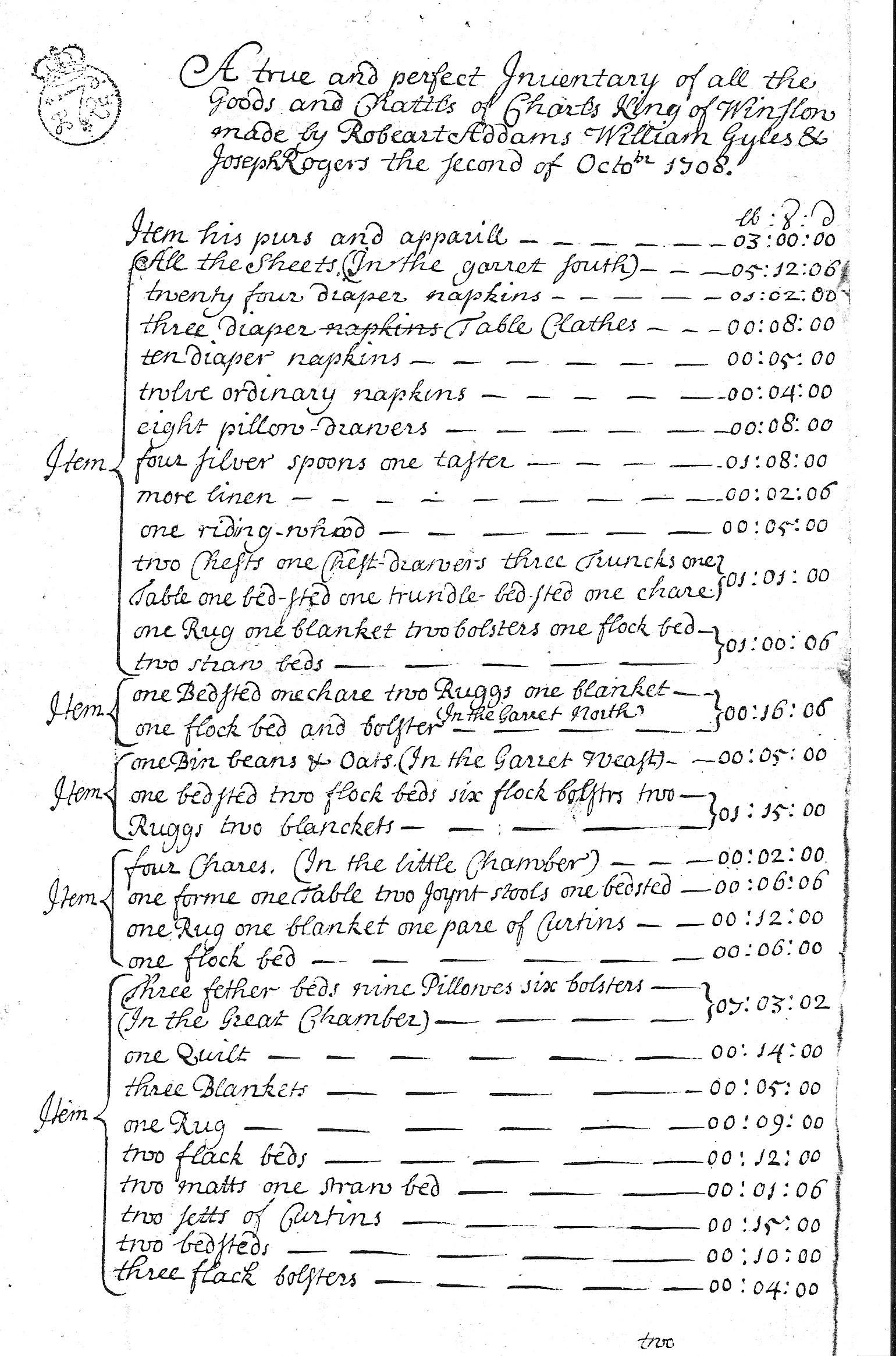 Charles King inventory page 1