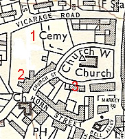Map showing school sites around church